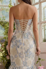 Strapless Brocade Dusty Blue Mermaid Wedding Guest Dress