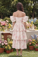 White Floral Off the Shoulder Tiered Wedding Guest Dress
