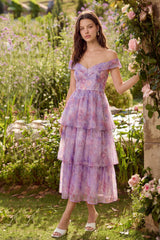 Off the Shoulder Floral Purple Tiered Wedding Guest Dress