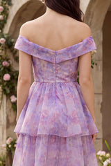 Off the Shoulder Floral Purple Tiered Wedding Guest Dress