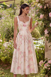 White Floral A Line Bowed Wedding Guest Dress