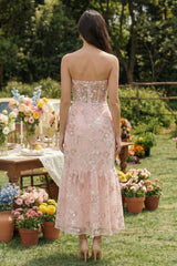 Pink Floral Strapless Appliqued Corset Wedding Guest Dress