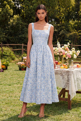 Blue Floral A Line Square Neck Wedding Guest Dress