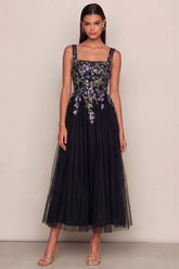 Black Appliqued Sequin Tulle A Line Wedding Guest Dress