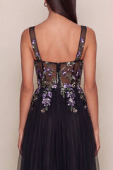 Black Appliqued Sequin Tulle A Line Wedding Guest Dress
