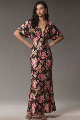 Pink Floral Flutter Sleeve V Neck Wedding Guest Dress