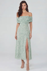 Off the Shoulder Floral A Line Dusty Sage Wedding Guest Dress