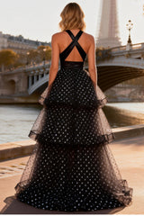 Halter Cut Out Tiered Black and White Polka Dot Prom Dress