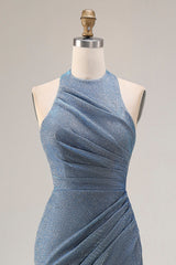 Gillter Halter Mermaid Ruched Dusty Blue Prom Dress