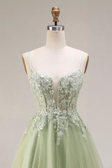 Sparkly A Line Beaded Light Green Prom Dress with Appliques