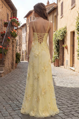 A Line Yellow Appliqued Maxi Prom Dress