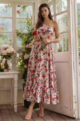 Floral One Shoulder Pink A Line Wedding Guest Dress