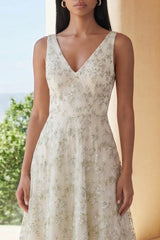 Floral Light Green A Line V Neck Wedding Guest Dress