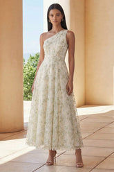 Floral One Shoulder Light Green A Line Wedding Guest Dress