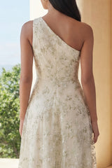 Floral One Shoulder Light Green A Line Wedding Guest Dress