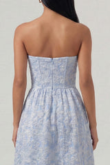 Blue Strapless Floral Ruffled Corset Wedding Guest Dress