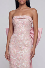 Sparkly Pink Strapless Floral Wedding Guest Dress with Bow