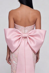 Sparkly Pink Strapless Floral Wedding Guest Dress with Bow