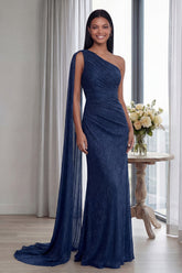Navy One Shoulder Ruched Memaid Formal Dress