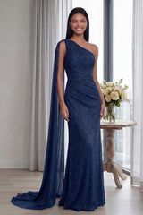 Navy One Shoulder Ruched Memaid Formal Dress