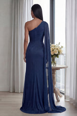 Navy One Shoulder Ruched Memaid Formal Dress