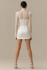 High Neck Lace Long Sleeve Mini White Dress