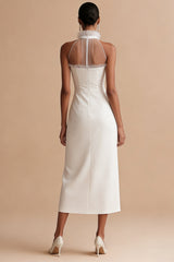 High Neck White Midi Graduation Dress with Ruffles