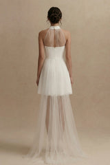 A Line High Neck Mini White Dress with Train