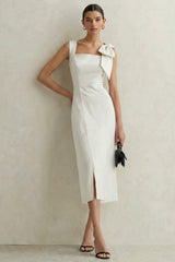 Satin Bodycon Midi White Dress with Bow