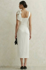 Satin Bodycon Midi White Dress with Bow