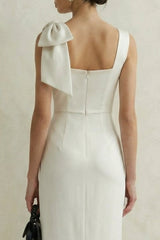 Satin Bodycon Midi White Dress with Bow