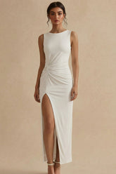 White Ruched Round Neck Formal Dress with Slit