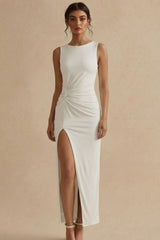 White Ruched Round Neck Formal Dress with Slit