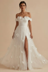 Off the Shoulder A Line Appliqued White Wedding Dress