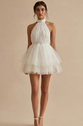 Halter Tulle Tiered Mini White Dress