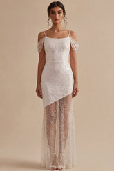 Sparkly Cold Shoulder Maxi White Dress