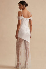 Sparkly Cold Shoulder Maxi White Dress