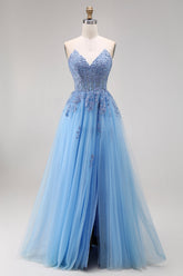 Blue Strapless Appliqued Corset A Line Tulle Prom Dress
