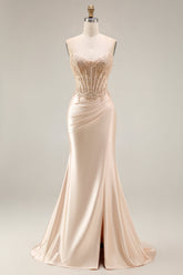 Strapless Mermaid Appliqued Corset Champagne Prom Dress