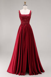 Burgundy Corset Sequin A Line Satin Prom Dress