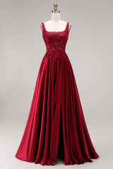 Burgundy Corset Sequin A Line Satin Prom Dress