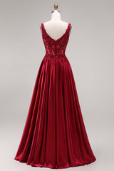 Burgundy Corset Sequin A Line Satin Prom Dress