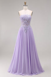 Strapless Lilac Corset Appliqued A Line Prom Dress