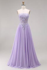 Strapless Lilac Corset Appliqued A Line Prom Dress