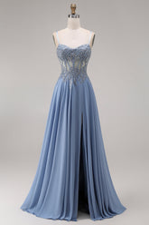 Blue Corset Appliqued Satin A Line Prom Dress with Slit