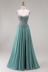 Strapless Eucalyptus Corset Appliqued Beaded A Line Prom Dress