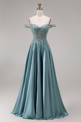 Off the Shoulder Corset Beaded A Line Agave Prom Dress