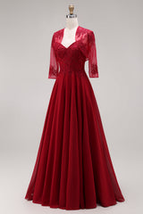 2 Piece Burgundy A Line Appliqued Beaded Mother of the Bride Dress