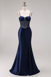 Navy Mermaid Satin Corset Ruched Prom Dress