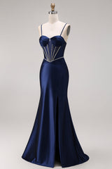 Navy Mermaid Satin Corset Ruched Prom Dress